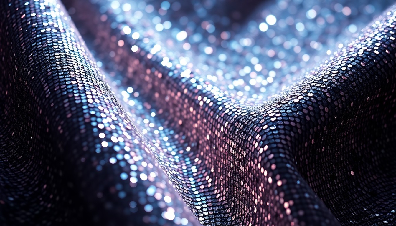 An extreme close-up of shimmering, reflective sequins and shattered glass, capturing the glitz and glamour of the entertainment industry in a high-contrast, abstract composition.