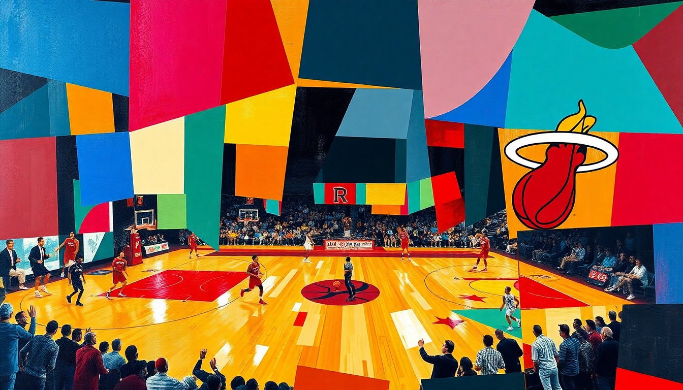 A fragmented, geometric painting depicting the dynamic movements and competitive energy of a basketball game, with the sharp planes and bold colors conceptually representing the complex factors that influence a player's championship legacy.