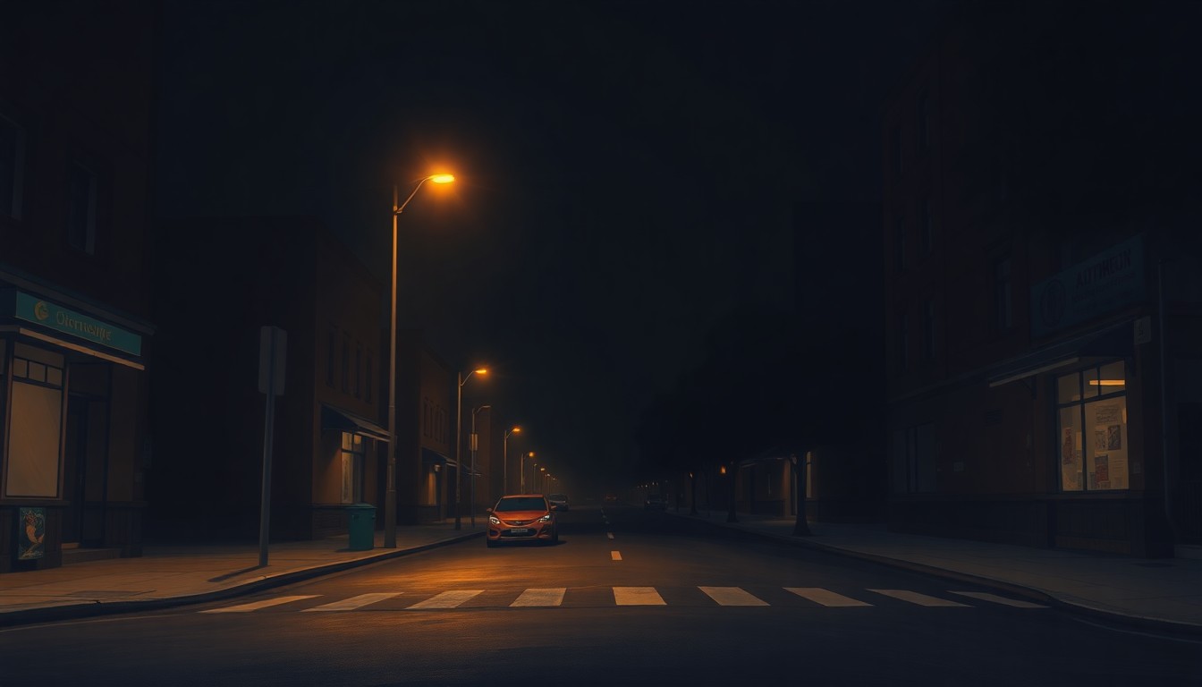 A quiet, cinematic painting of an empty city street at night, with a lone streetlight casting warm, diagonal shadows across the pavement, conveying a sense of solitude and nostalgia.