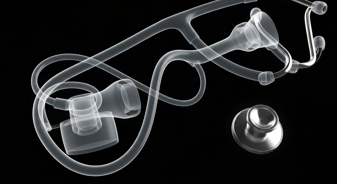 An abstract X-ray photograph showing the internal structure of medical equipment like a stethoscope, conveying the technical and clinical nature of healthcare services.