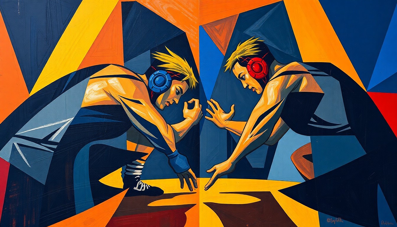 A fractured, geometric painting depicting the action and tension of a high school wrestling match, with overlapping planes of navy blue, gold, and red representing the competing teams.