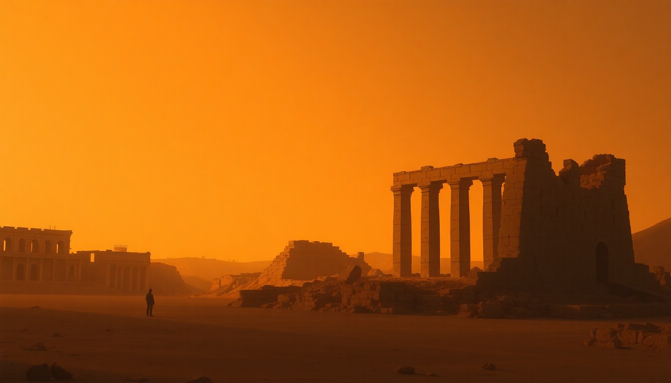 A serene, cinematic painting of a damaged Middle Eastern cultural heritage site, with warm sunlight and deep shadows creating a sense of melancholy and nostalgia.