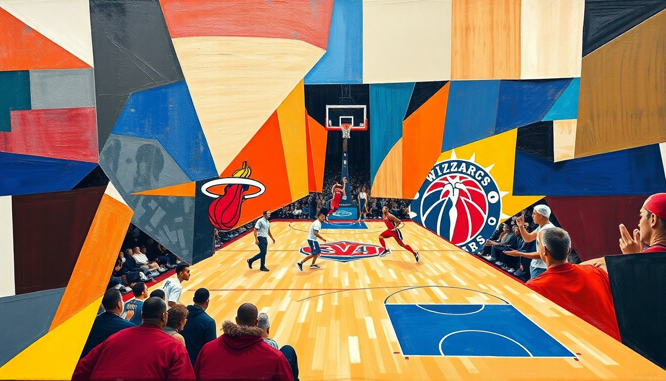 A fragmented, geometric painting depicting a basketball game, with sharp, overlapping planes of color and form representing the contrasting styles and trajectories of the Miami Heat and Washington Wizards.