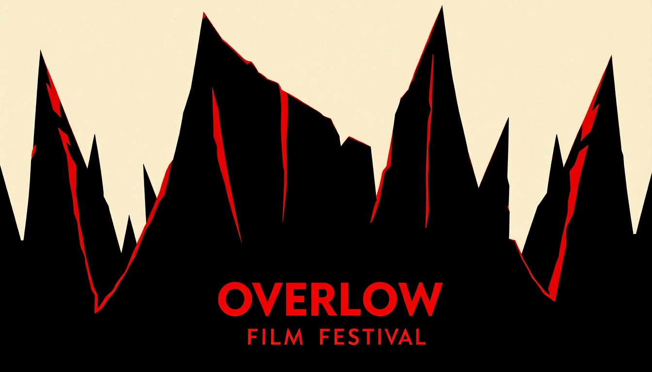 A minimalist, abstract illustration featuring bold, jagged shapes in black and red, capturing the suspenseful and haunting essence of the Overlook Film Festival.