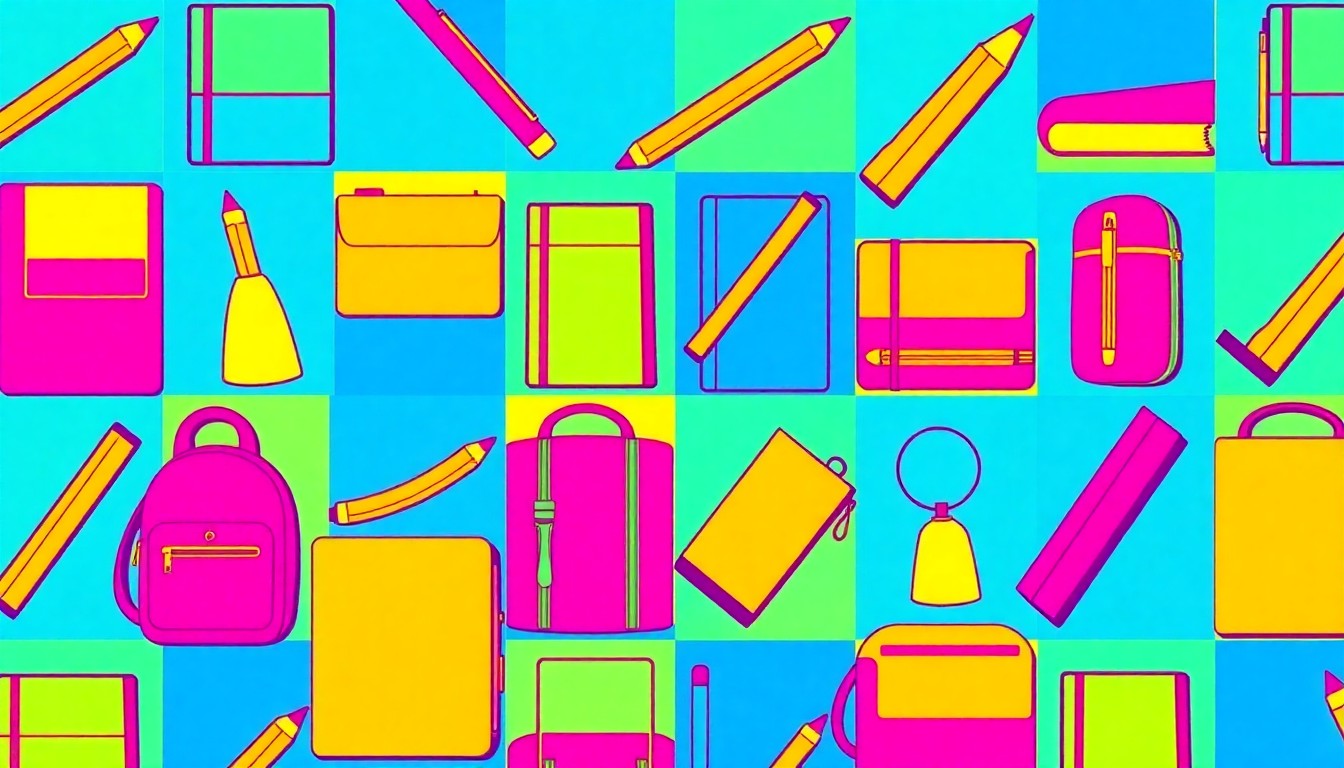 A high-contrast, silkscreen-style illustration of a school backpack repeated in a grid pattern, rendered in vibrant neon colors and heavy black outlines, conceptually representing the impact of budget cuts on public education.