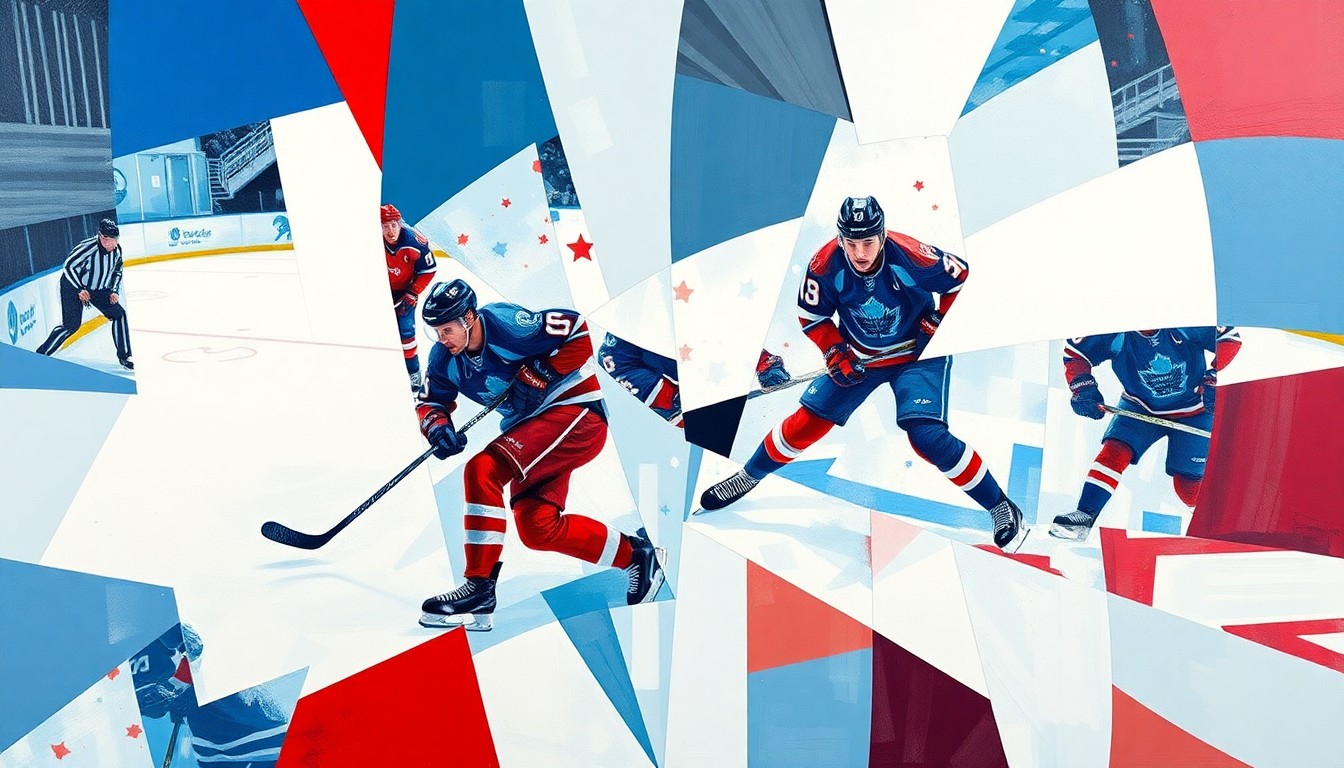 A fractured, cubist-style painting depicting the intense action of a hockey game, with the players and the rink deconstructed into overlapping geometric shapes and planes in shades of blue, red, and white.