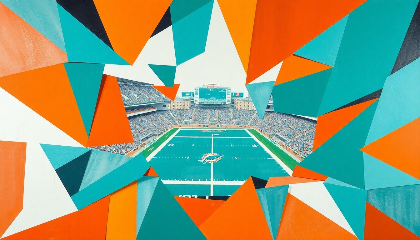 A cubist, geometric painting depicting a Miami Dolphins football game, with the players and field broken down into sharp, overlapping planes of aqua, orange, and white, conveying the strategic complexity of the team's rebuilding efforts.