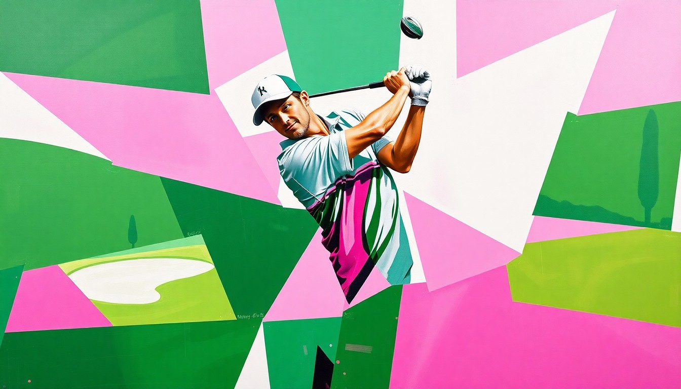 A cubist, geometric painting depicting Rory McIlroy's golf swing and movements on the Augusta National course, with sharp planes of emerald green, azalea pink, and bright white.