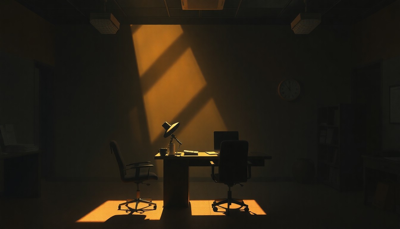 A dimly lit newsroom scene with a solitary journalist's desk, the warm light casting deep shadows and creating a sense of contemplation and quiet determination.