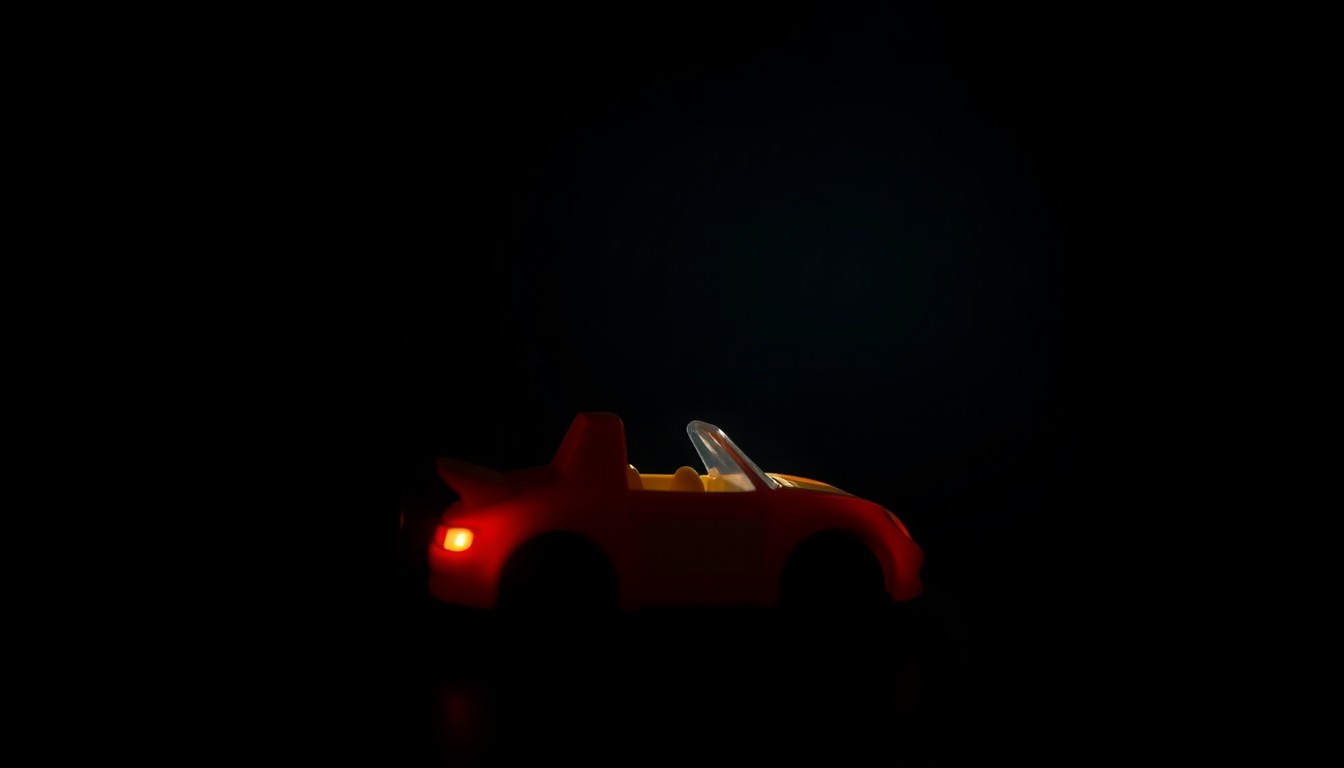 An extreme close-up of a small plastic toy car, its surface texture and details sharply illuminated by a harsh, direct flash of light against a pitch-black background, conveying a sense of the seriousness and urgency of the child neglect case.