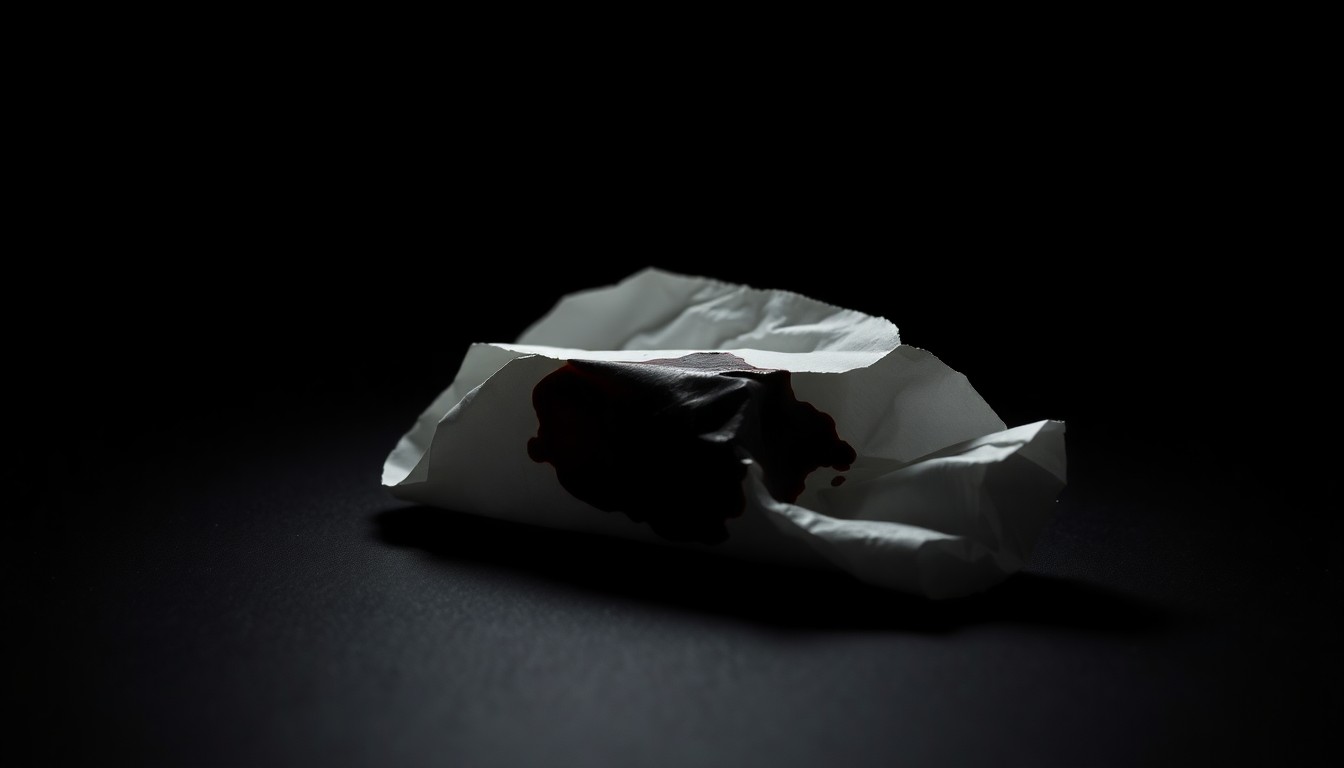 An extreme close-up of a crumpled piece of paper with a smeared ink stain, conveying the gritty, investigative nature of a crime scene.