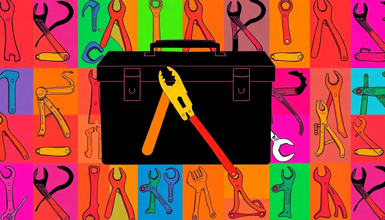 A vibrant, abstract silkscreen print featuring a repeating pattern of common trade tools like a toolbox, pliers, and a wrench, conceptually representing the hands-on vocational training offered at the Altitude Academy.