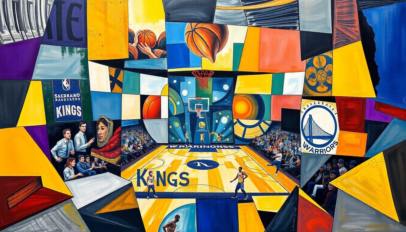 A fragmented, geometric painting depicting a basketball game, with overlapping planes of color and shape representing the intensity and physicality of the matchup between the Kings and Warriors.