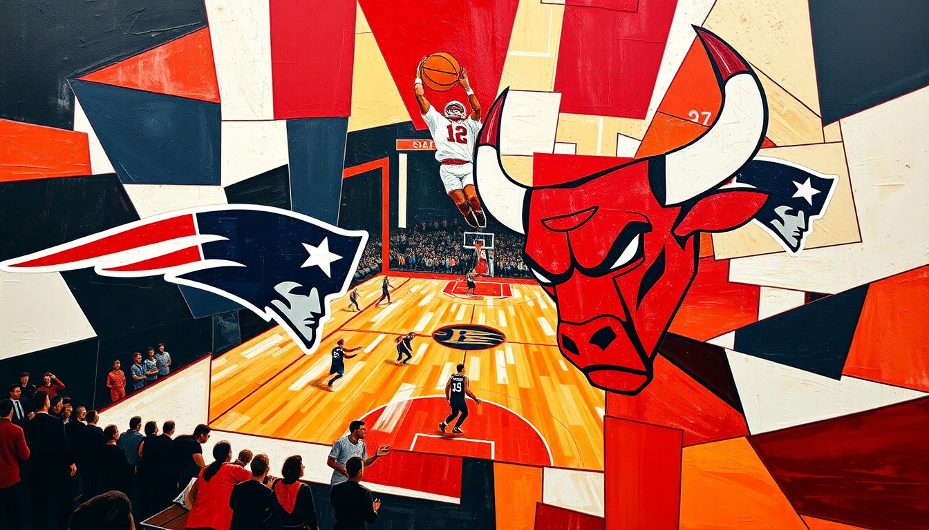 A cubist-style painting depicting a basketball game broken down into sharp, overlapping geometric planes in shades of red, black, and white, representing the tension between personal expression and team values.