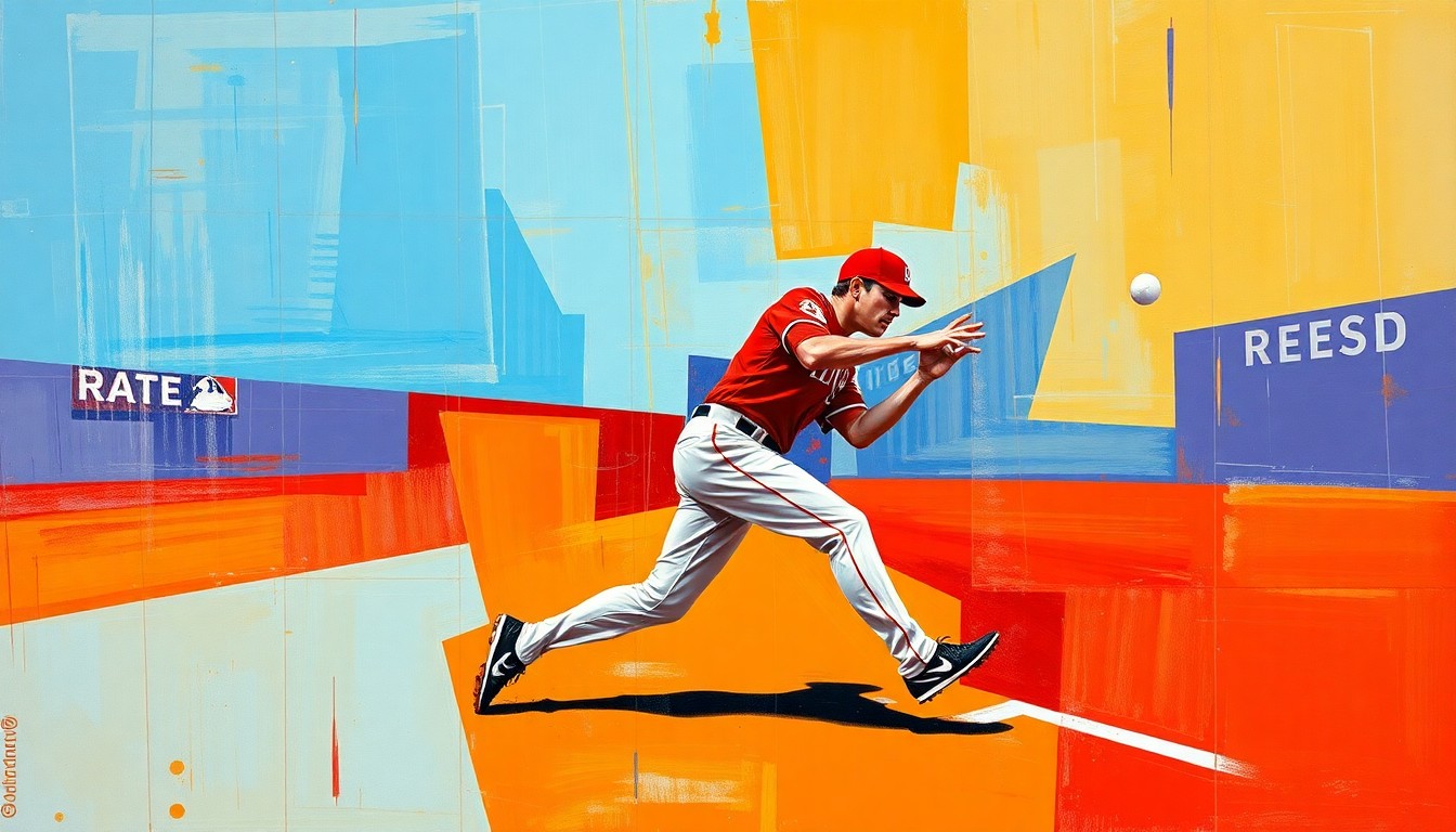A cubist, geometric painting depicting a Reds outfielder in motion, with sharp, overlapping planes of color representing the fractured nature of the team's outfield performance.