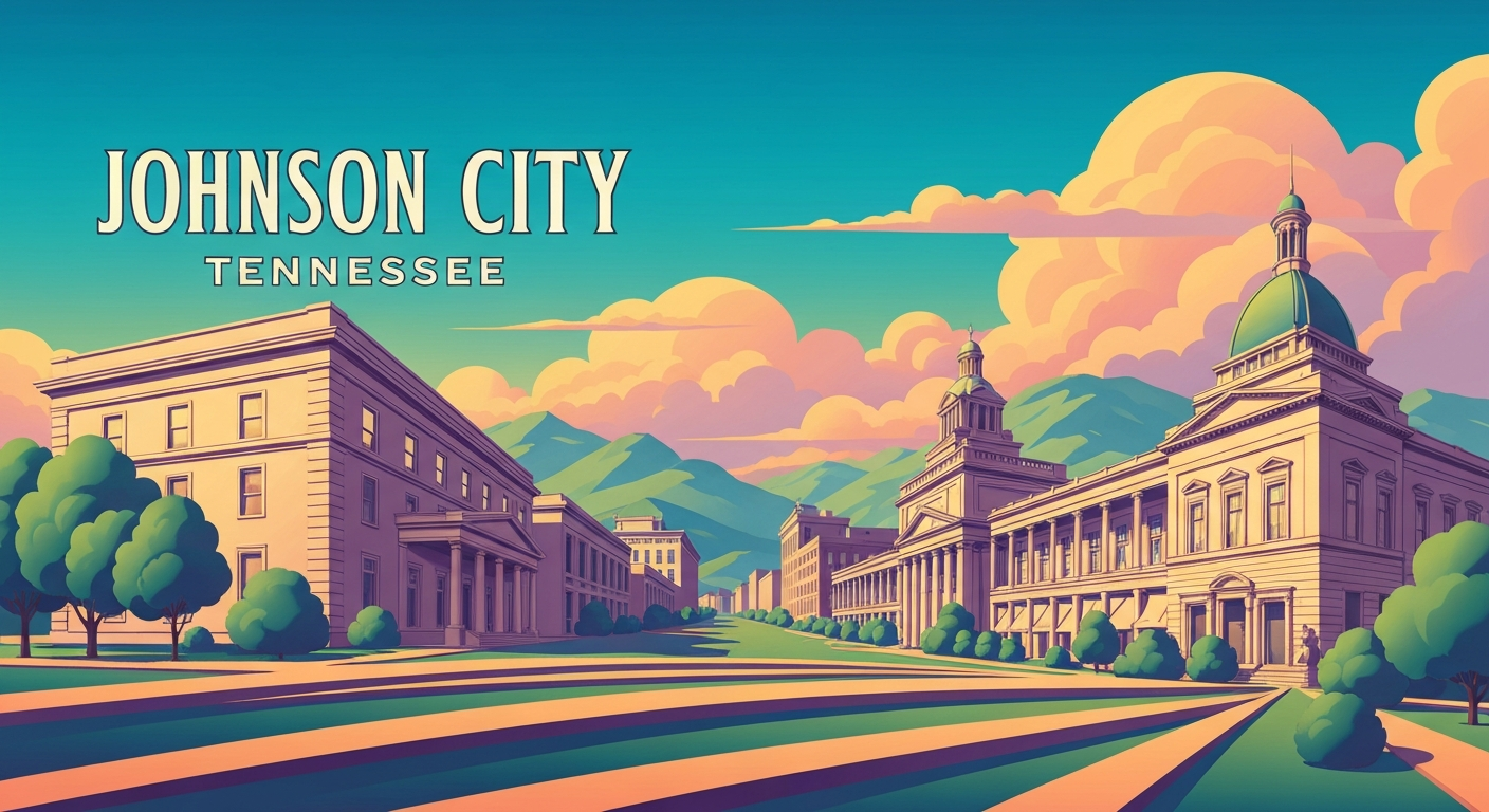 A highly stylized, art deco-inspired illustration depicting the sweeping, geometric skyline and landscapes of Johnson City, Tennessee, conveying the city's sense of scale, modernity, and adventure.