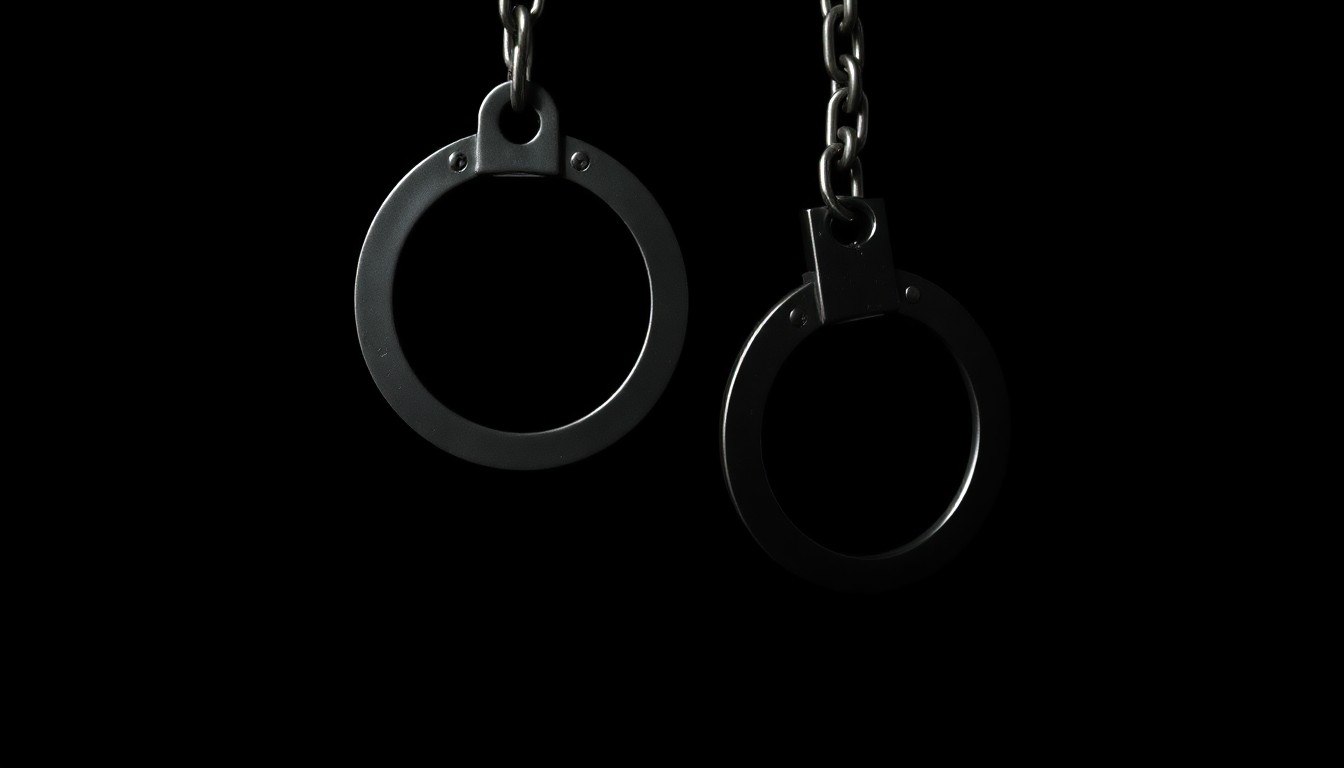 An extreme close-up photograph of a pair of handcuffs and chains against a pitch-black background, lit by a harsh, direct camera flash, conceptually illustrating the disturbing evidence found during the police investigation.