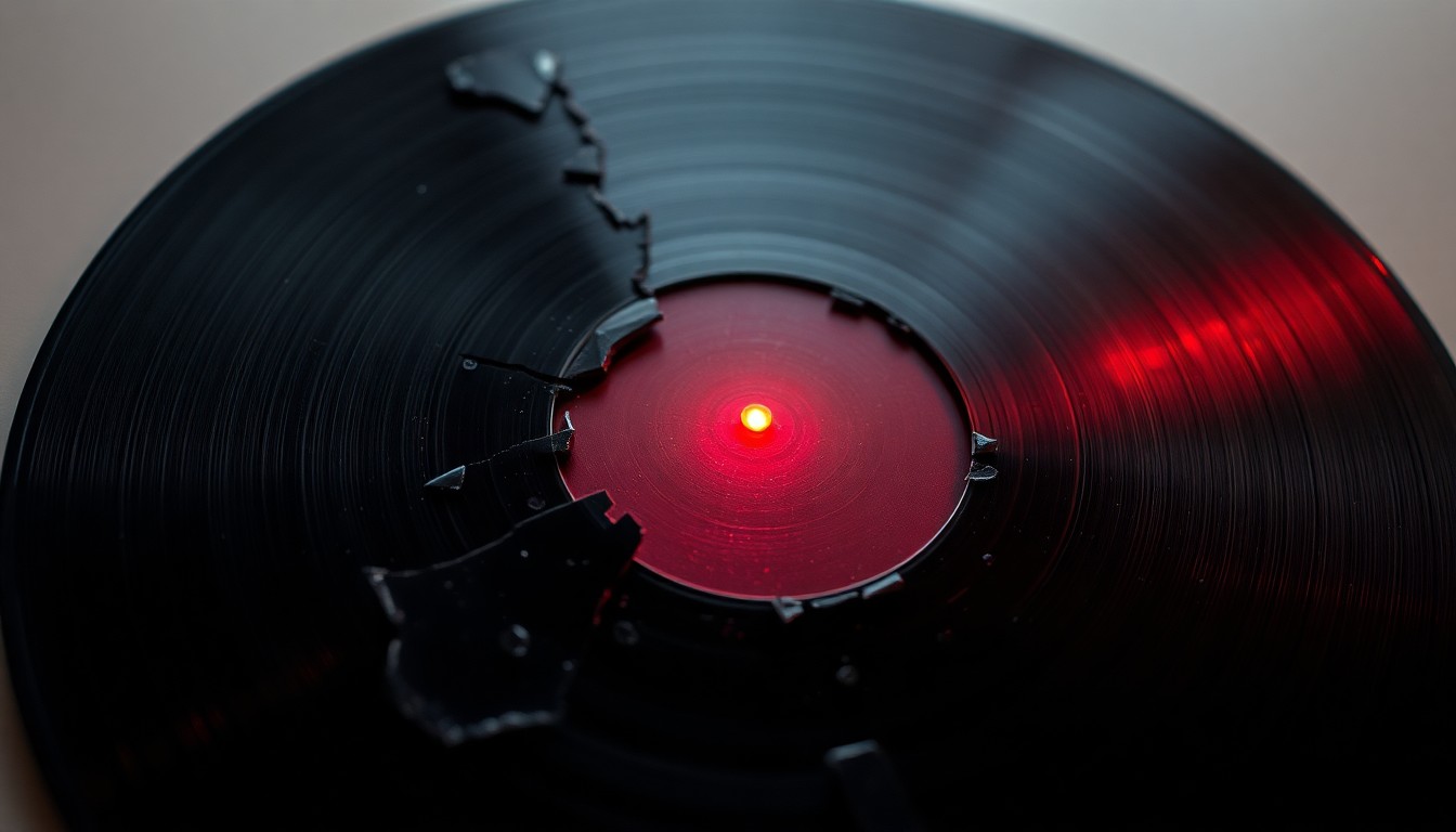 An abstract close-up photograph of a shattered vinyl record reflecting a faint red light, conveying the concept of personal expression clashing with public scrutiny.