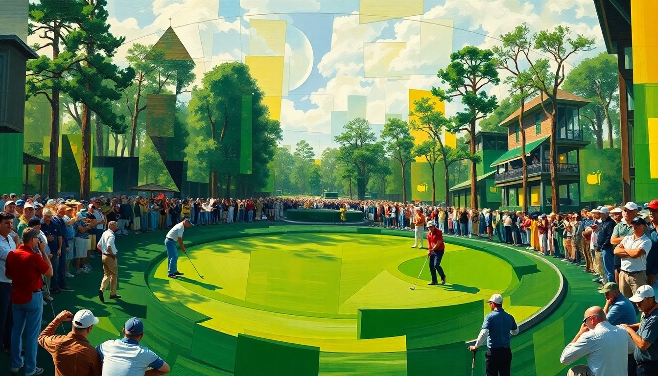 A cubist, geometric painting depicting the 15th hole at the Masters golf tournament, with overlapping planes and shapes representing the challenges and frustrations faced by the players.