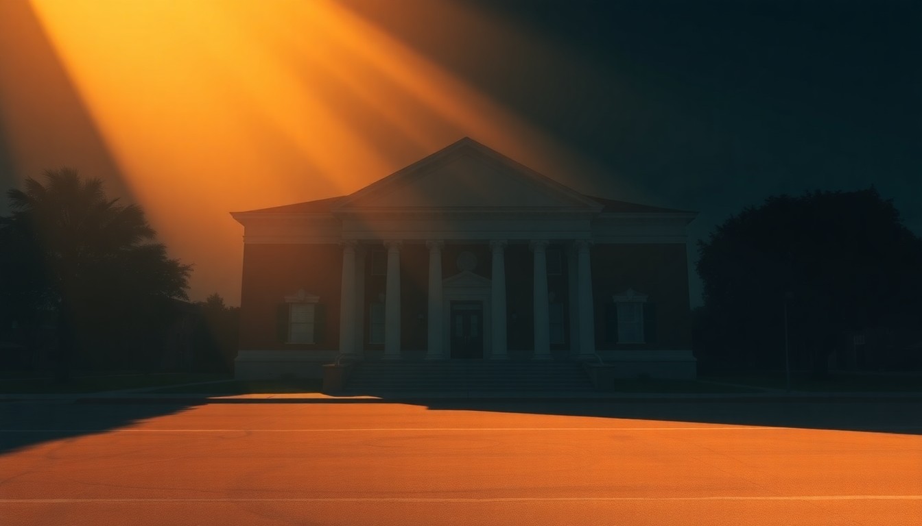 A serene, photorealistic painting of an old county courthouse building with warm lighting and deep shadows, capturing a sense of quiet contemplation about the role of local government.