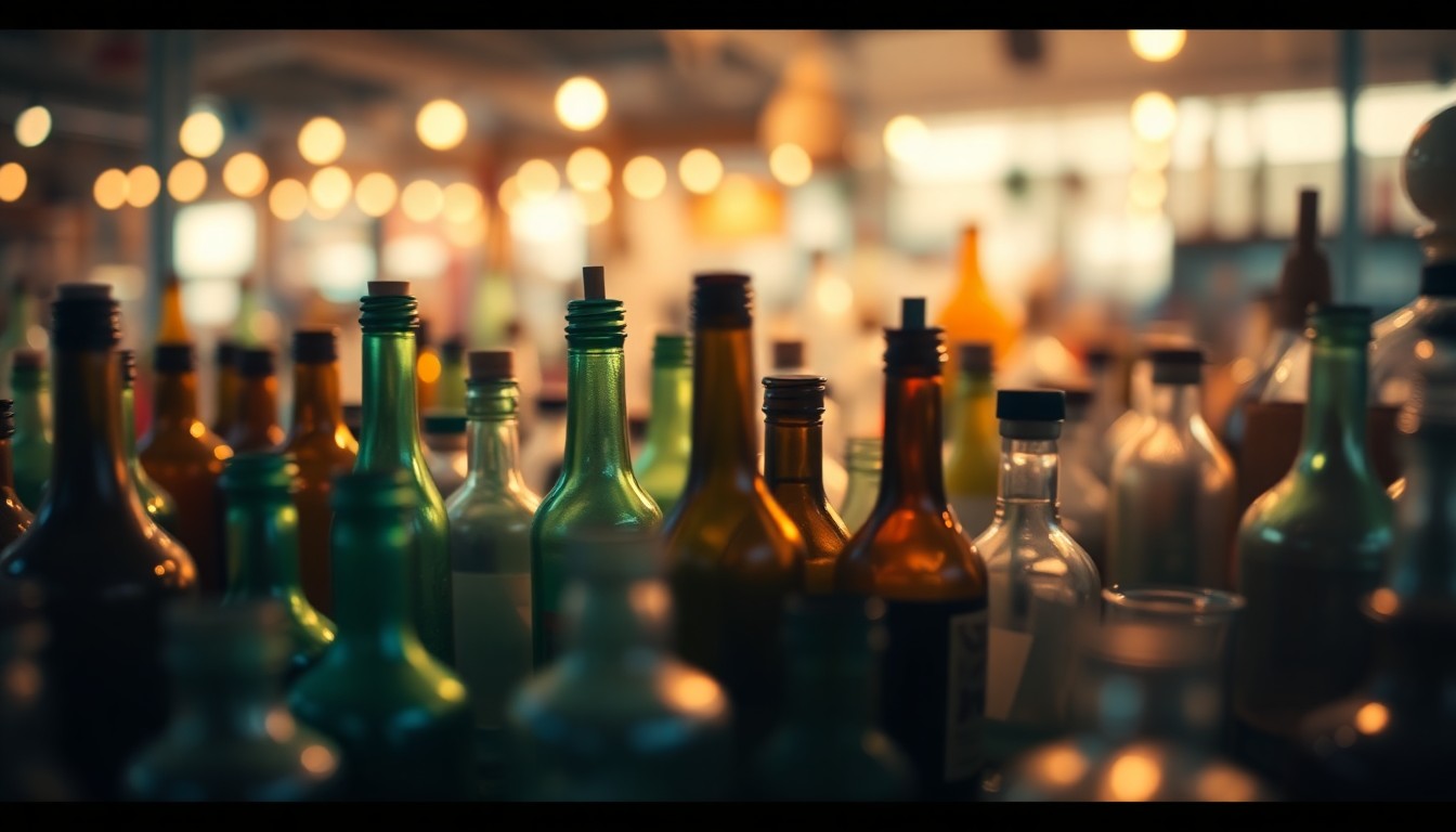 An abstract, out-of-focus photograph featuring a collection of vintage glass bottles and other collectible items in a warm, hazy color palette, conveying the nostalgic and atmospheric mood of an antique show.