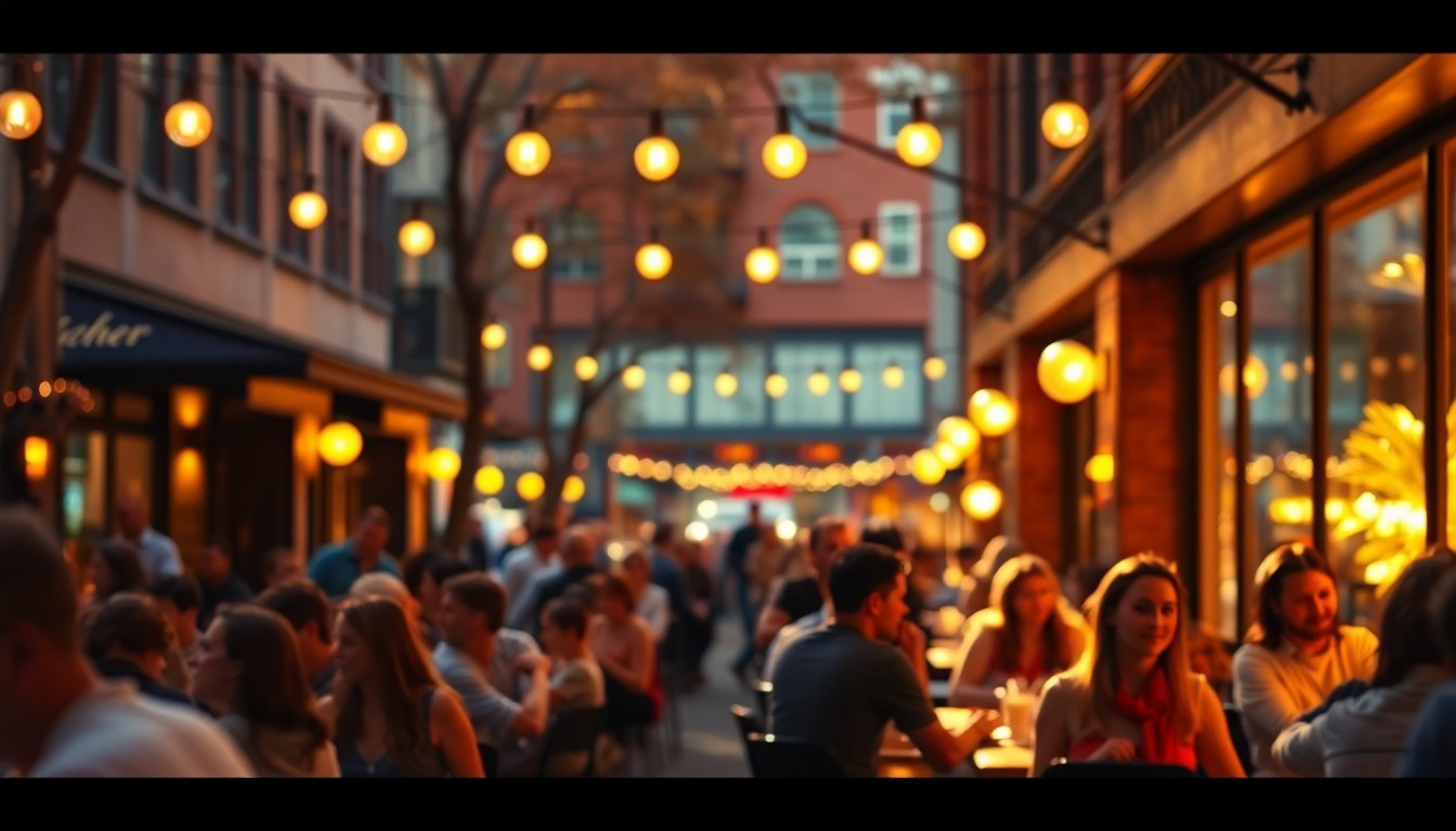 An abstract, out-of-focus photograph featuring soft, warm pools of light and color, conceptually representing the festive atmosphere of a community brunch event.