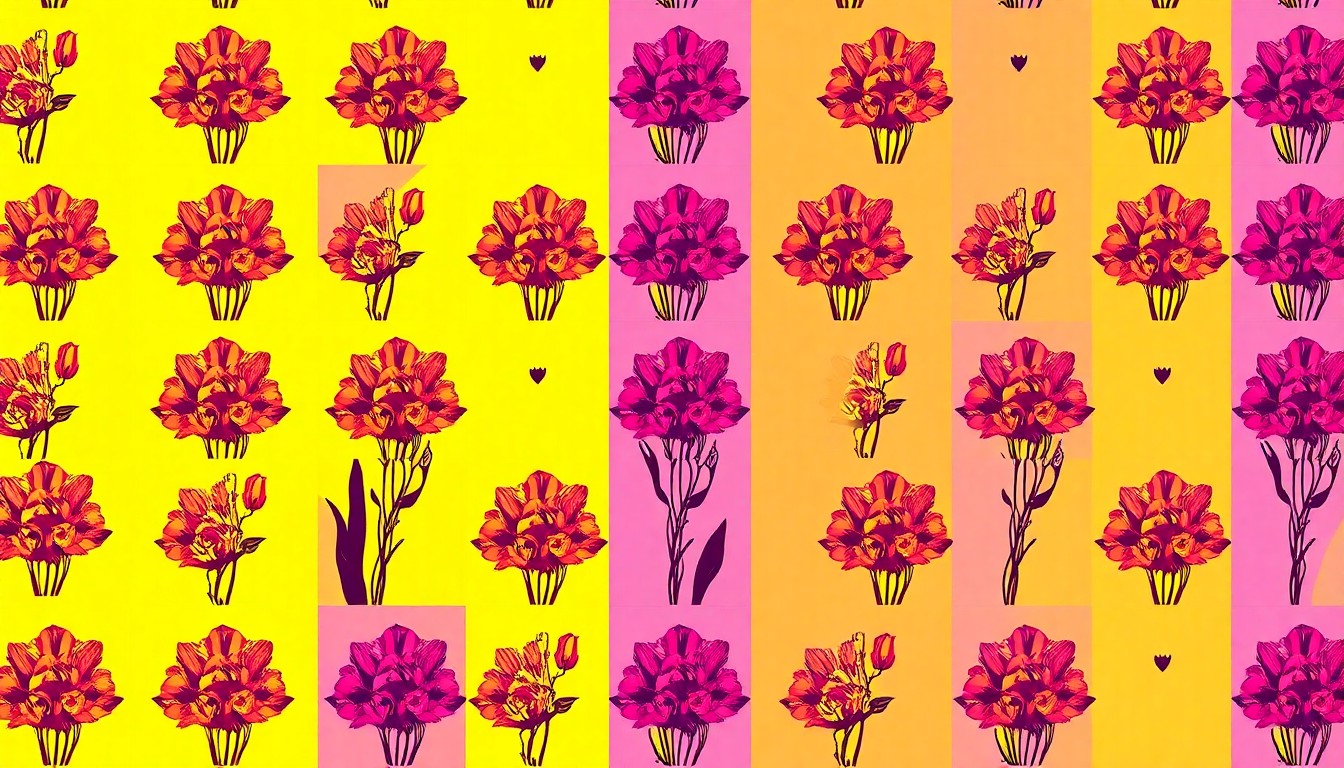 A high-contrast silkscreen print in neon pink, yellow, and blue hues depicting a repeating pattern of a stylized tulip bouquet, conceptually representing the floral-inspired art and celebrations of the New London in Bloom festival.