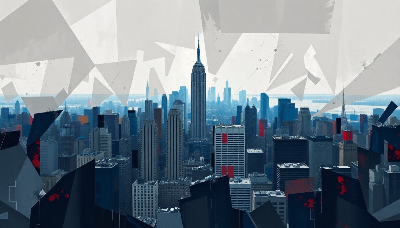 A dynamic, abstract painting of the New York City skyline in shades of grey, blue, and red, with overlapping, geometric shapes and lines conveying a sense of urban decay and unrest.