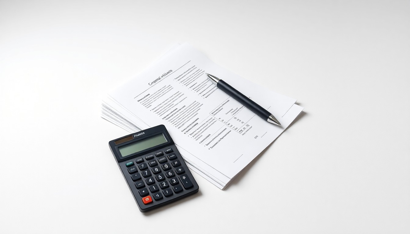 A photorealistic studio still life featuring a stack of financial documents, a pen, and a calculator arranged on a clean white background, symbolizing the abstract corporate strategy and finance issues at the center of the Eos Energy lawsuit.