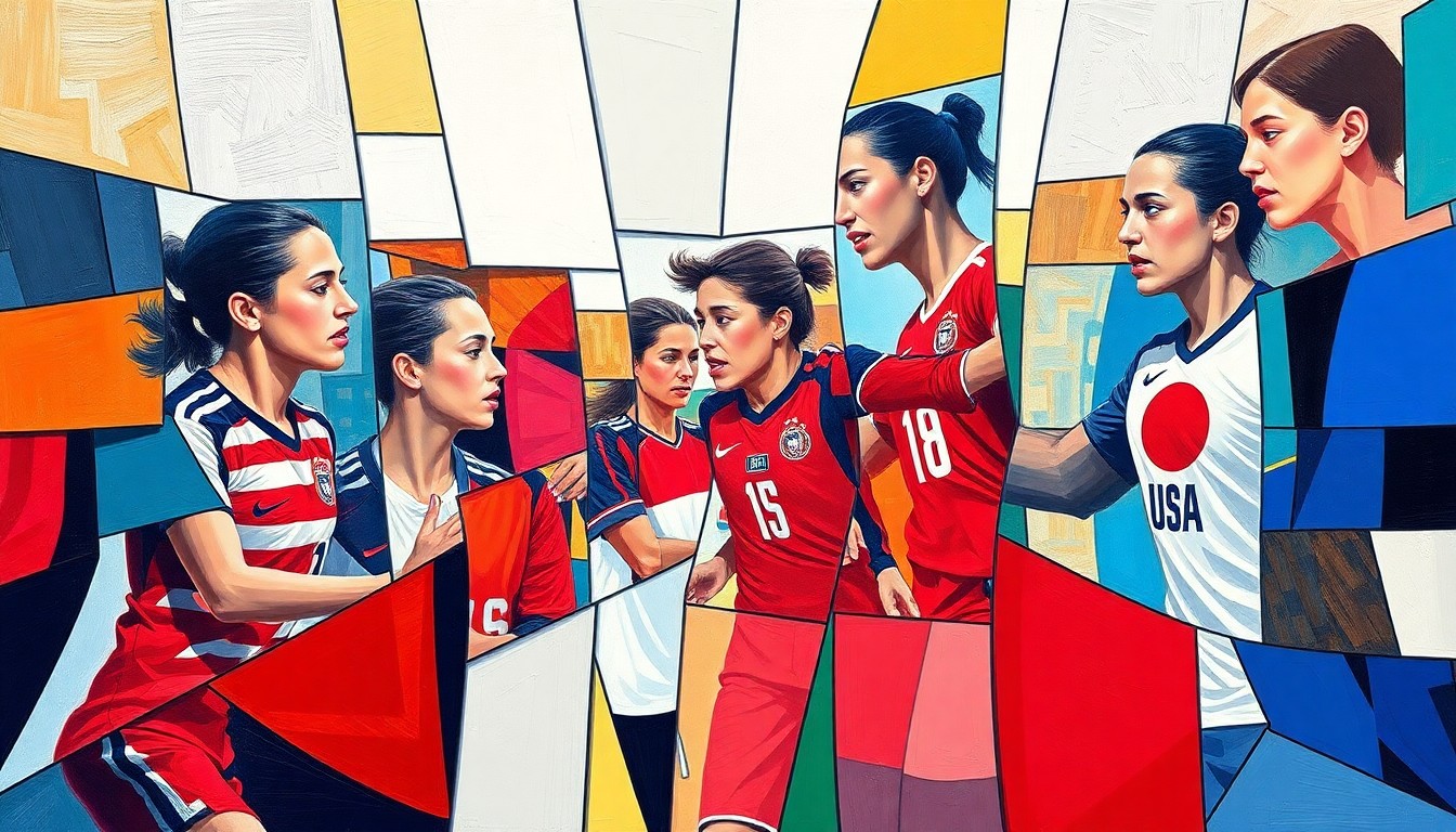 A cubist, geometric painting depicting a women's soccer match between the USWNT and Japan's Nadeshiko team, with vibrant colors and sharp, overlapping shapes capturing the energy and intensity of the game.