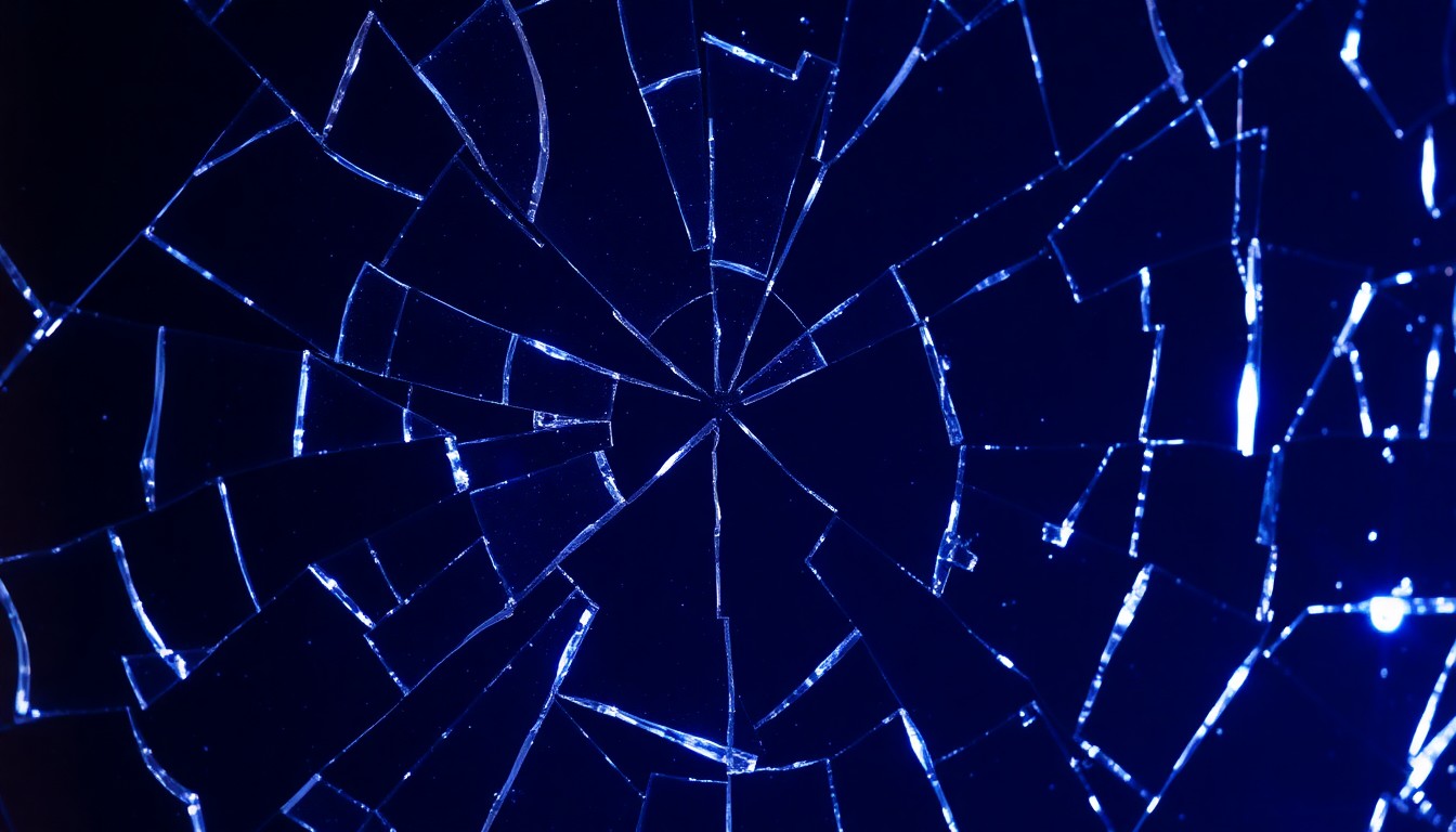 An extreme close-up photograph of shattered glass reflecting a faint blue light, creating a conceptual representation of the emotional turmoil and fractured relationships in the Days of Our Lives storylines.