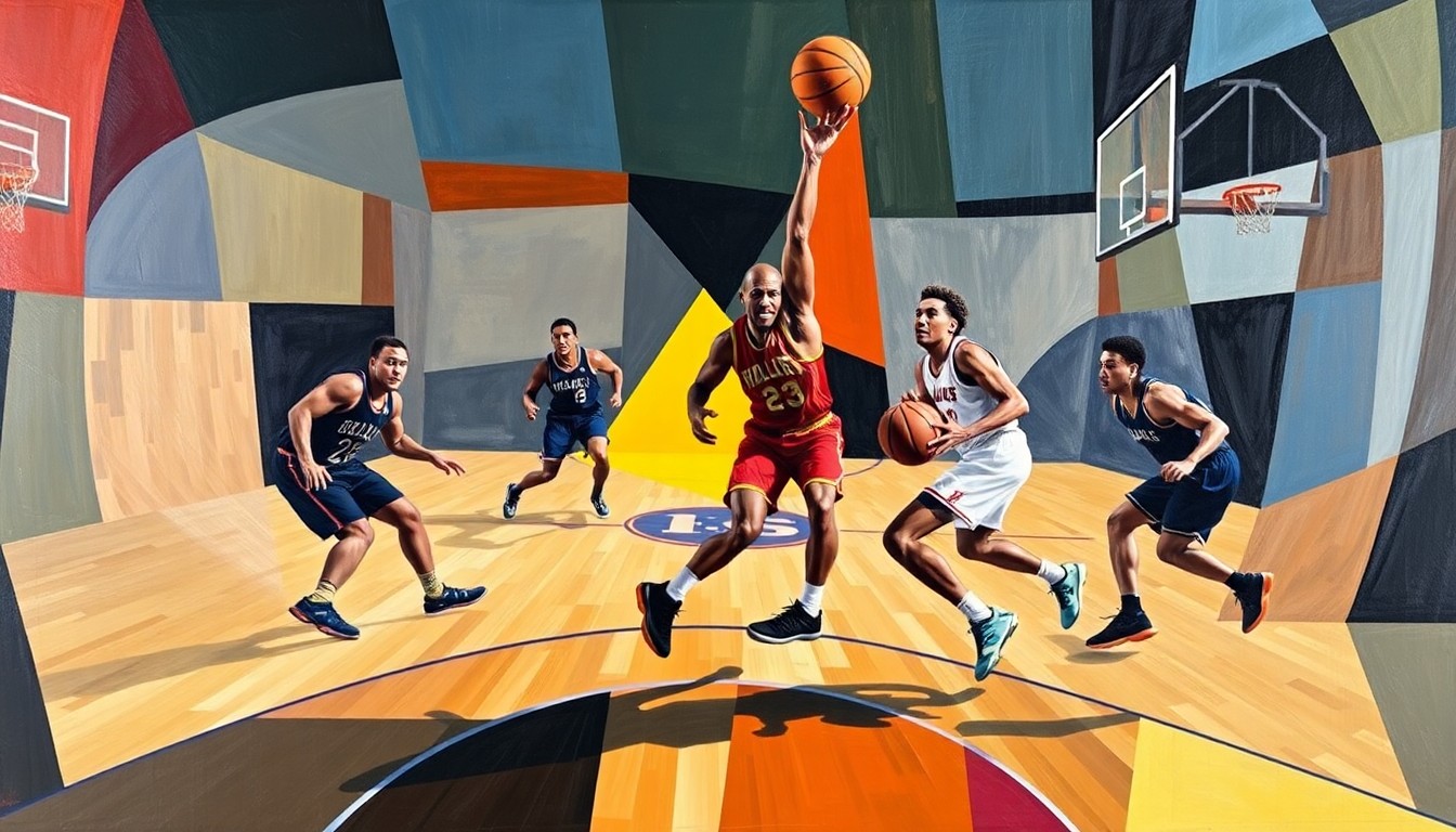 A cubist, geometric painting depicting a fragmented basketball game, with the players' forms broken down into overlapping planes of color and abstract shapes.