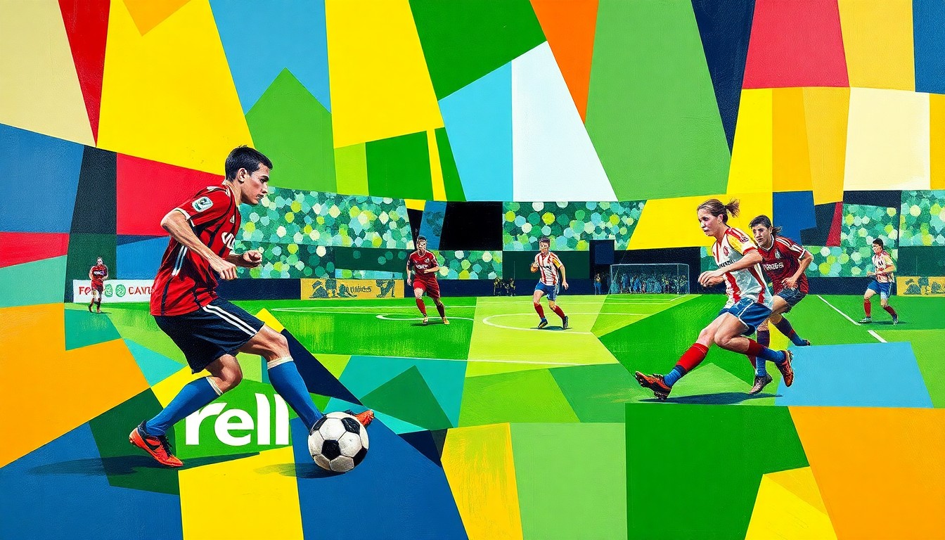 A cubist, geometric painting depicting a fragmented soccer match or tennis court, with sharp planes of color representing the dynamic movements and energy of the sporting events.