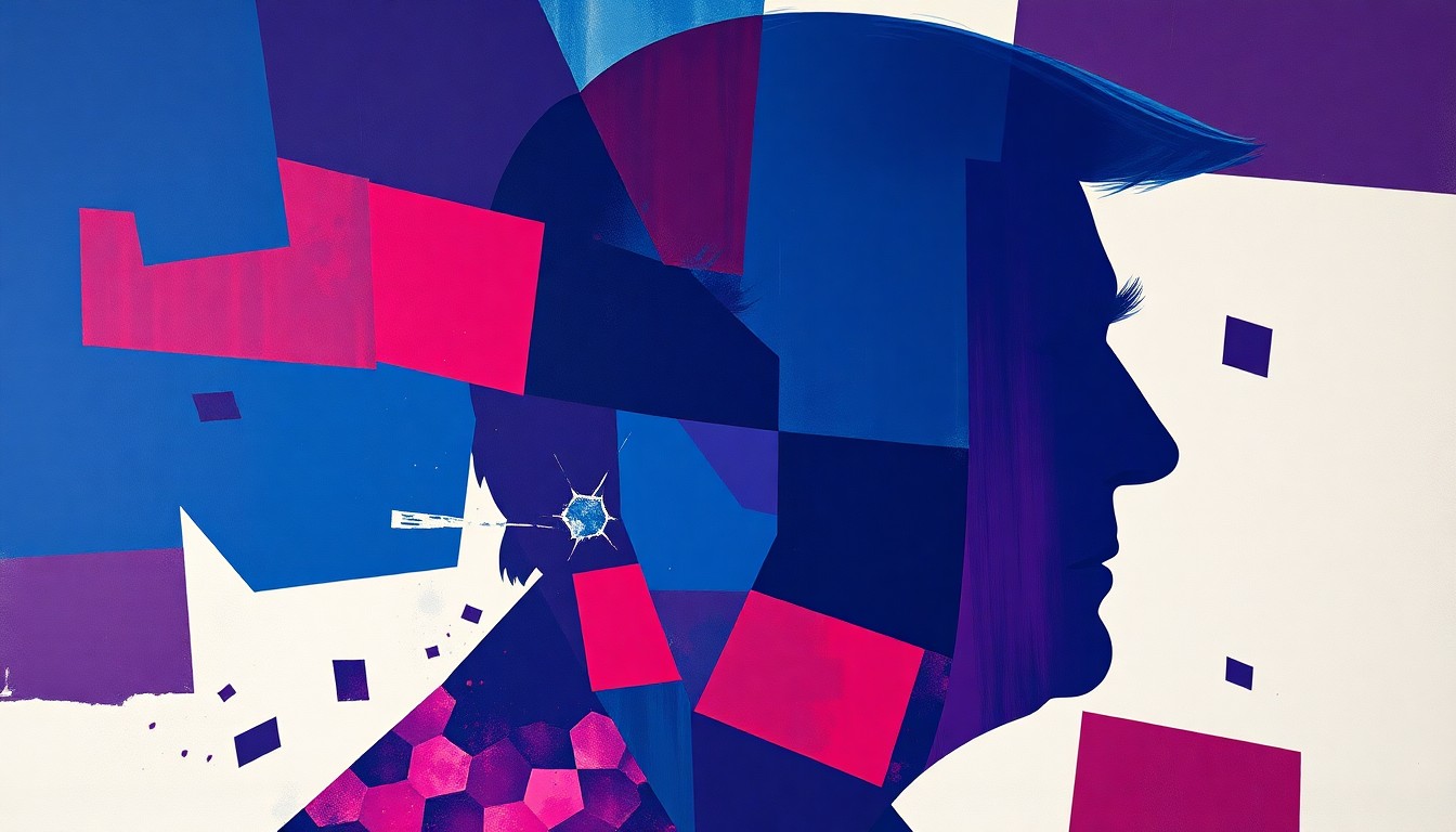 A dynamic, abstract painting in shades of blue, violet, and crimson, with the fragmented silhouette of a politician's head dissolving into overlapping geometric shapes, conveying a sense of the scandal and downfall surrounding the subject.