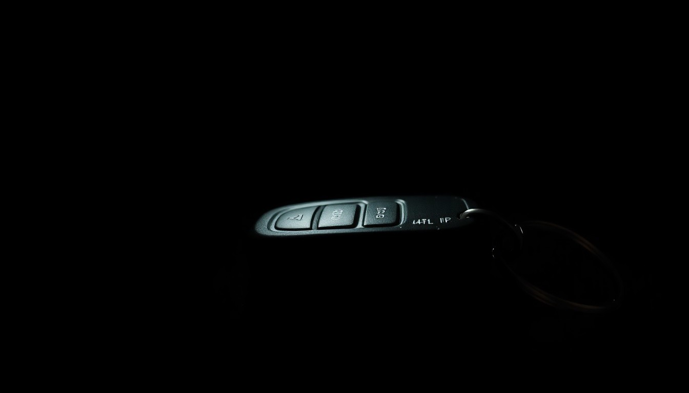 An extreme close-up photograph of a car key fob or other small car-related object, lit by a harsh, direct camera flash against a pitch-black background, creating a stark, gritty, investigative aesthetic that conceptually represents the recovery of a stolen vehicle through the use of a hidden tracking device.