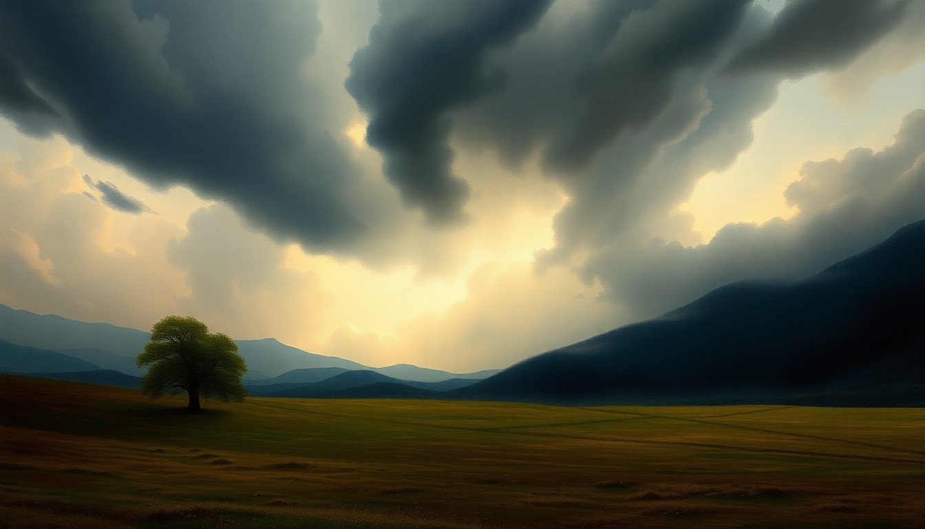 A vast, majestic landscape painting in muted tones, with a lone, solitary tree in the foreground partially obscured by heavy, ominous storm clouds. The dramatic, atmospheric scene conveys the overwhelming power and sublime scale of a violent thunderstorm, without depicting any specific human figures or physical damage.