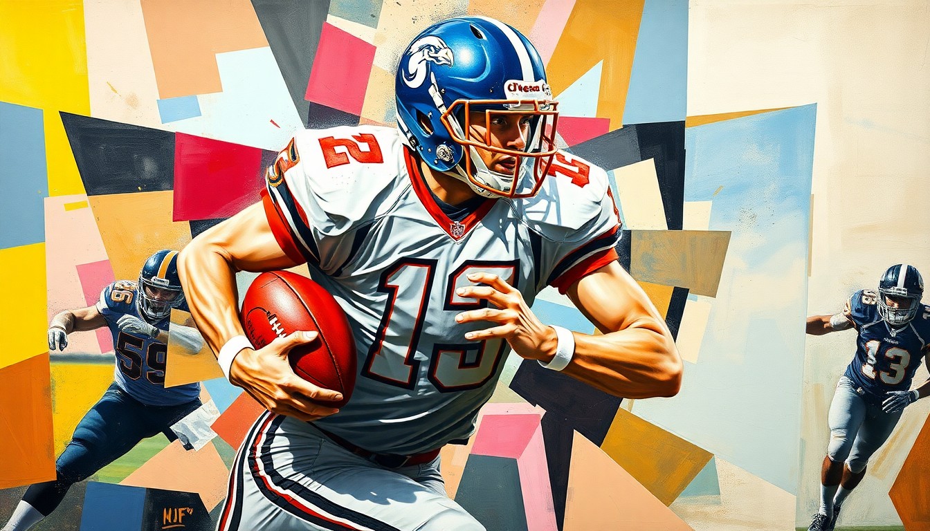 A cubist-style painting depicting a high school football player in action, with their movements and form broken down into sharp, overlapping geometric shapes and planes in a vibrant color palette.
