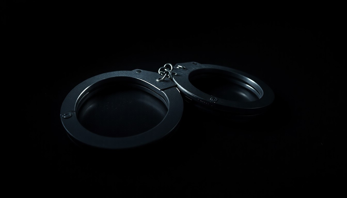 An extreme close-up of a pair of handcuffs lying on a dark surface, the harsh flash creating dramatic shadows and textures that convey a sense of investigation and urgency around the escaped inmate.