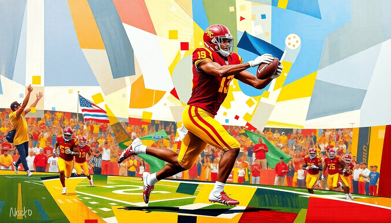 A fragmented, geometric painting depicting the motion and energy of a wide receiver's route, catch, and celebration, rendered in the bold colors of the USC Trojans uniform.