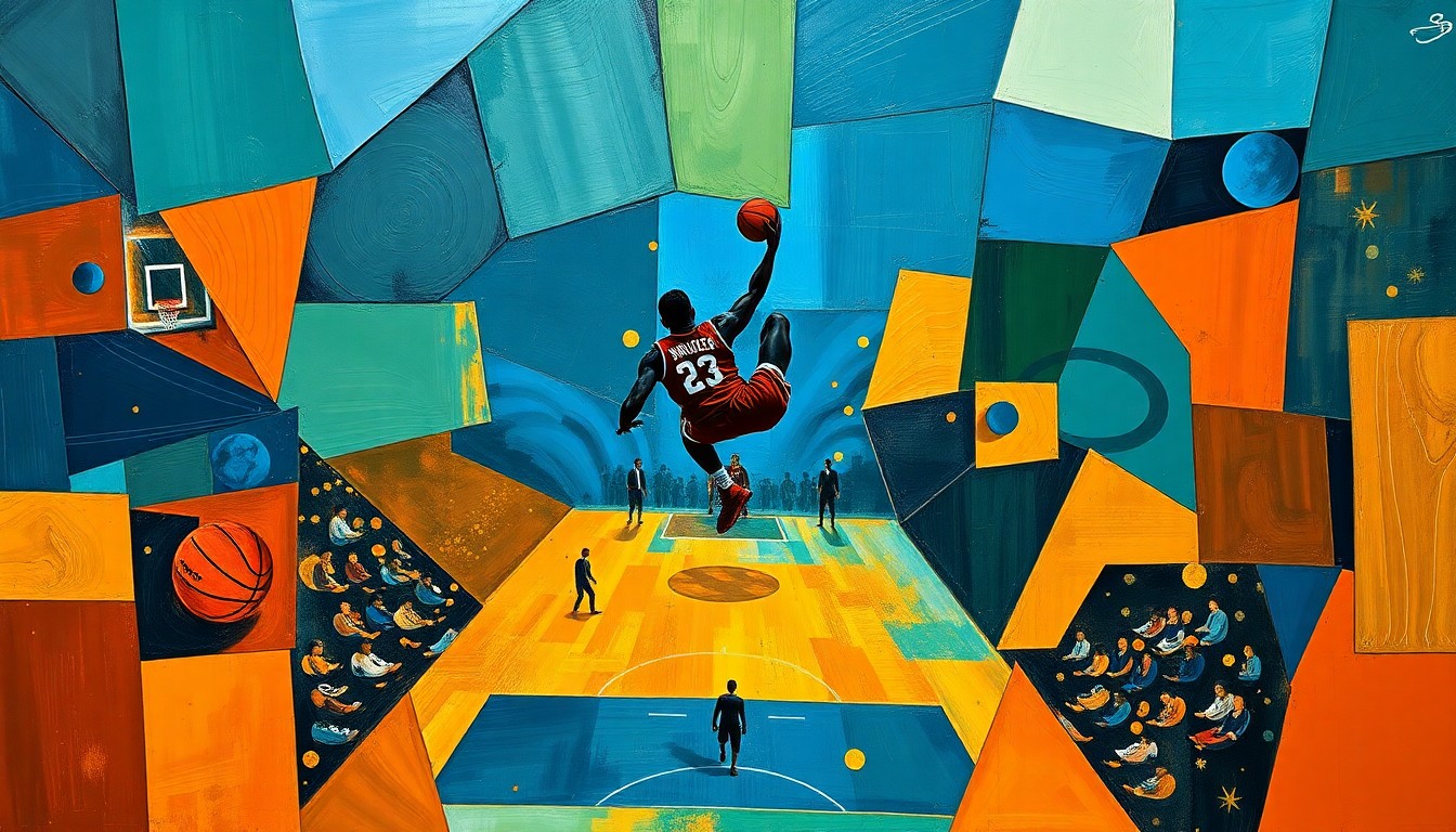 A fragmented, cubist-style painting depicting the chaotic action of a college basketball game, with sharp geometric shapes in deep blues, greens, and oranges overlapping to create a sense of movement and energy on the court.