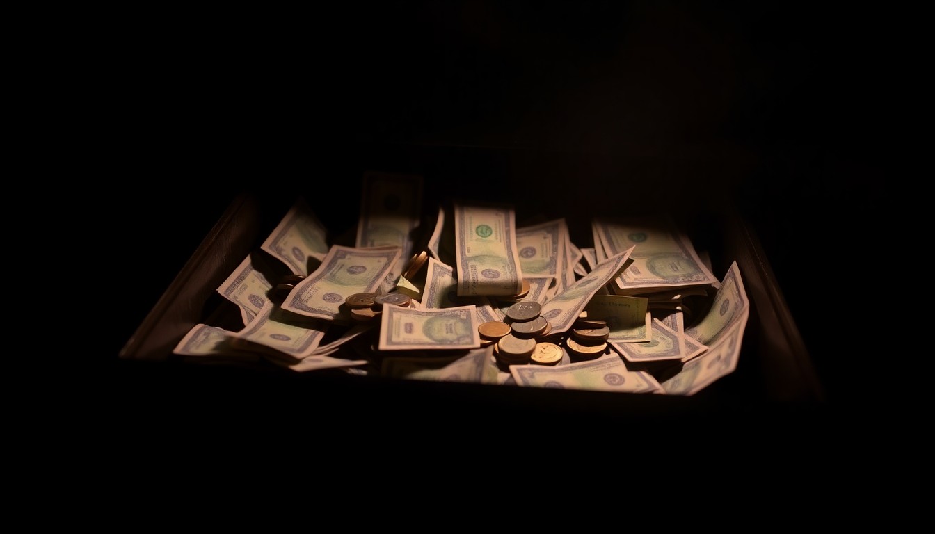 An extreme close-up photograph of a bank teller's cash drawer with scattered bills and coins, capturing the aftermath of a robbery in a stark, gritty visual style.