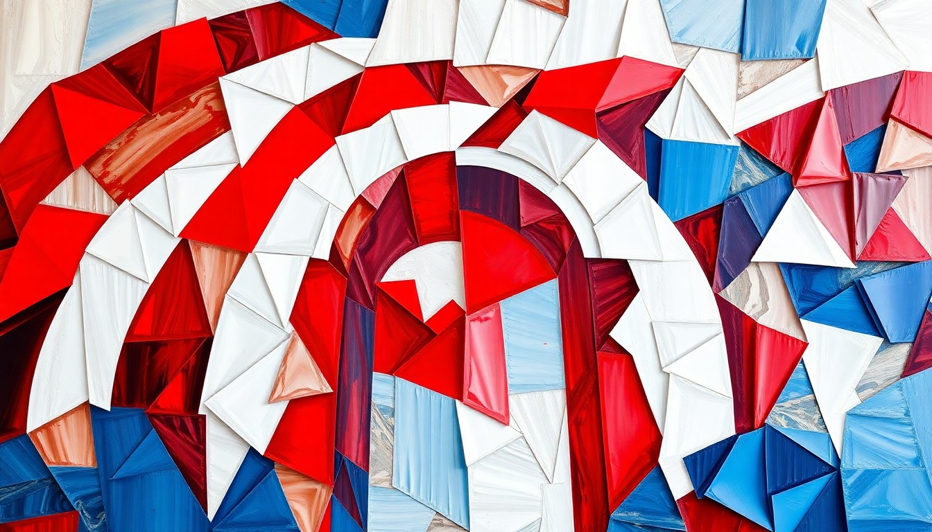 An abstract, fragmented painting in red, white, and blue hues depicting the conceptual form of a triumphal arch structure, conveying a sense of political division and tension.