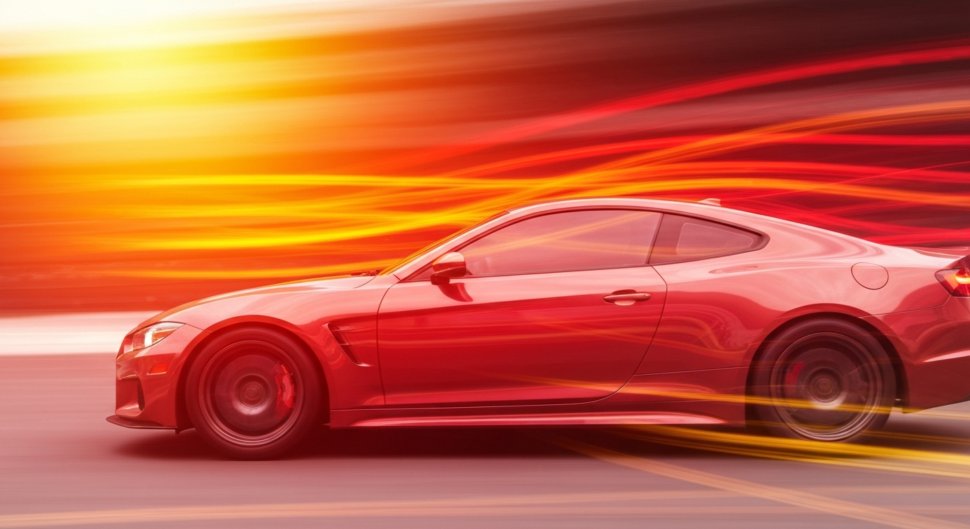 An abstract, blurred composition of a speeding car in vibrant shades of red, orange, and yellow, conveying a sense of chaotic motion and modern engineering.