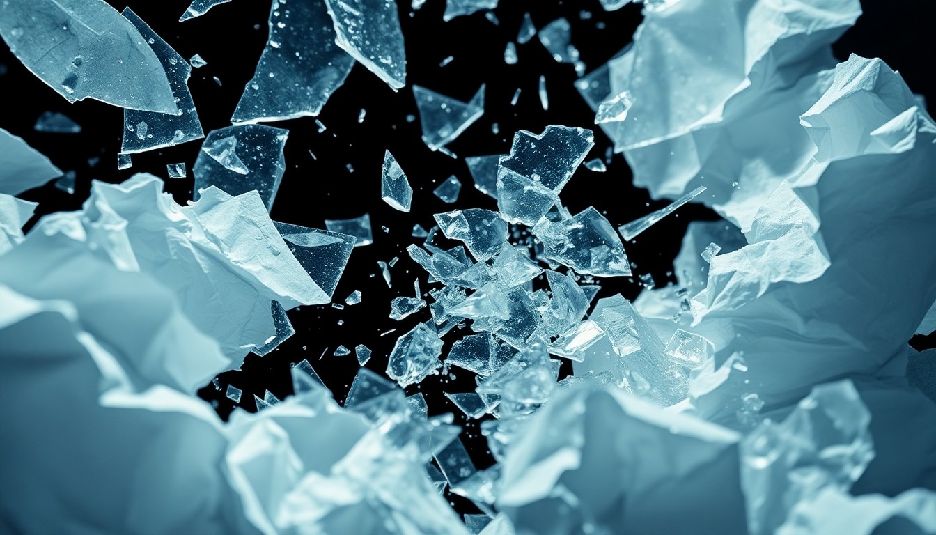 An abstract close-up image of crumpled paper and shattered glass, captured in dramatic high-contrast lighting to create a sense of fragmentation and chaos, conceptually representing the themes of political and social unrest explored in Celeste Dupuy-Spencer's paintings.