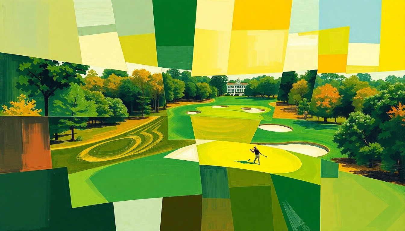 A cubist, geometric painting depicting a fragmented, multi-angled view of a golf tournament, with sharp planes of vibrant greens, browns, and golds representing the Augusta National course.