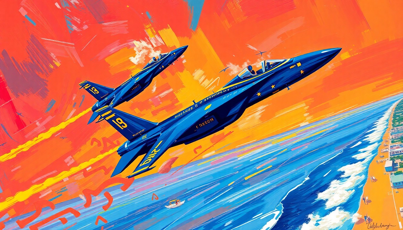 A vibrant, expressionist painting depicting the Blue Angels fighter jets in a dynamic aerial display, with sweeping brushstrokes and neon colors capturing the raw energy and motion of the performance.