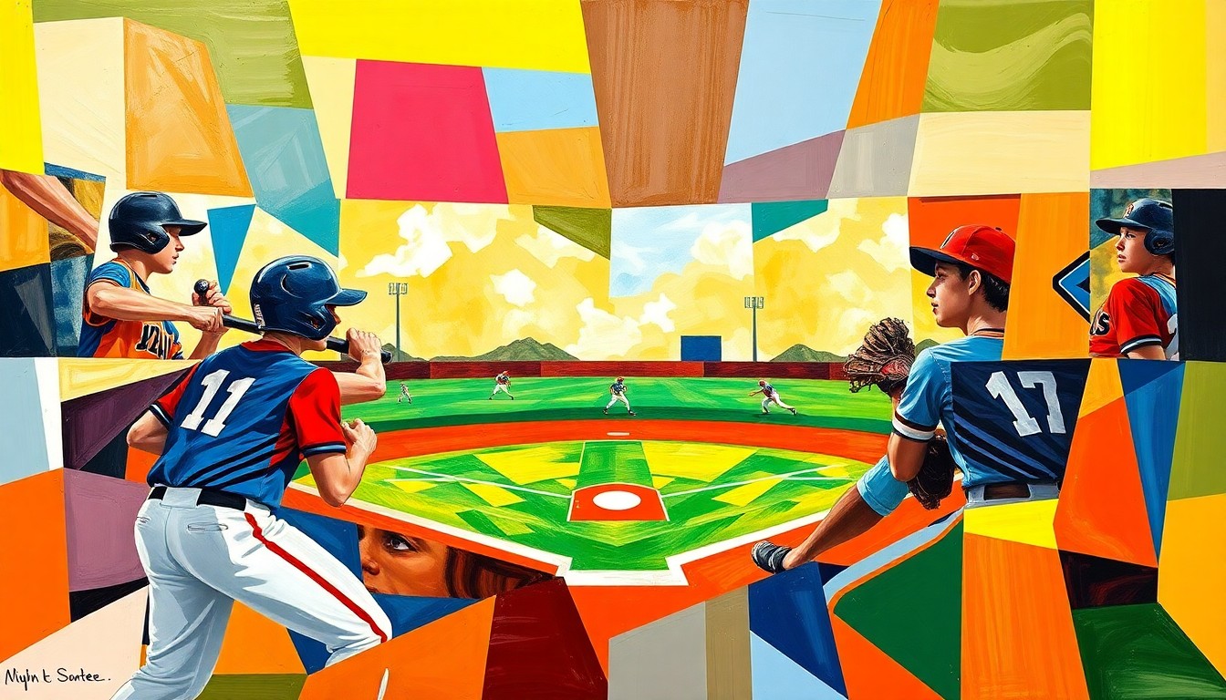 A fragmented, geometric painting depicting the motion and intensity of a high school sports competition, with sharp planes of color representing the players, field, and crowd.