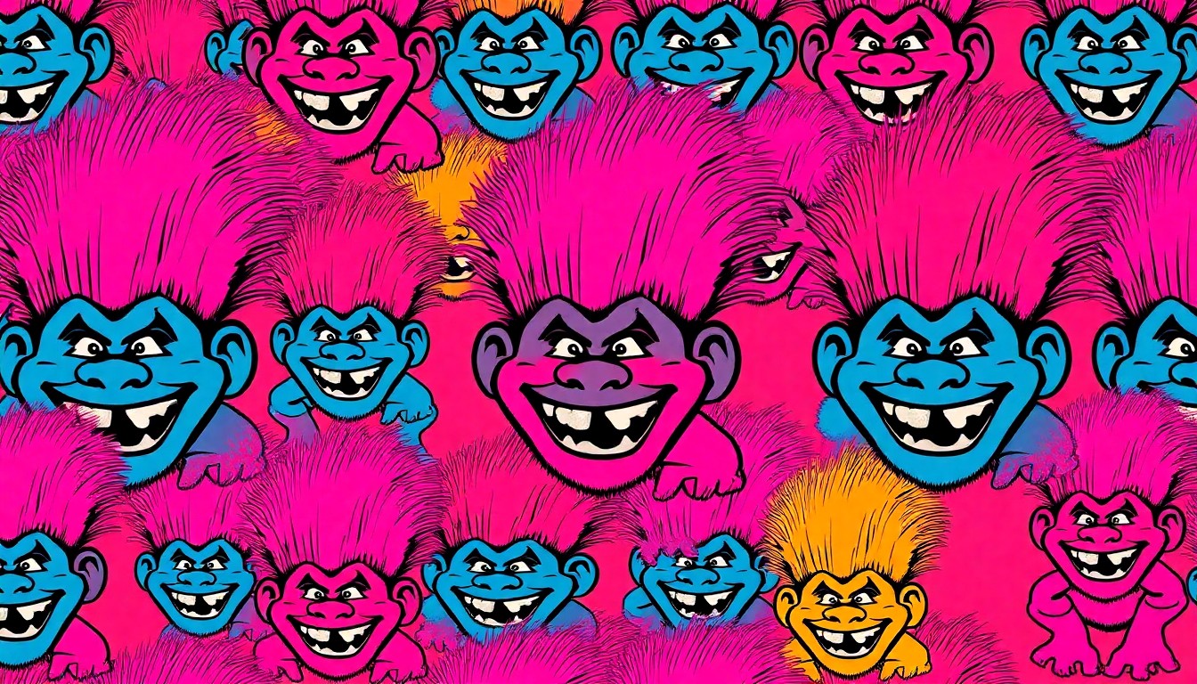 A brightly colored, high-contrast silkscreen print of a single, iconic troll figure repeated in a tight grid pattern, capturing the playful and environmentally-conscious spirit of the exhibit.