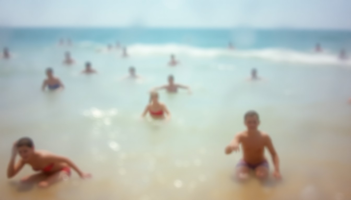 An extremely abstract, out-of-focus photograph in warm, hazy tones depicting the blurred silhouettes of people swimming and playing in the ocean, conveying the serene, dreamlike atmosphere of a day at the beach.