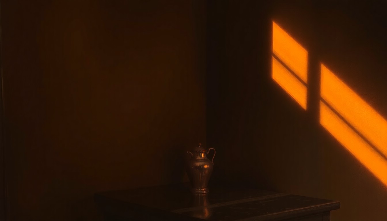 A photorealistic painting of a copper still sitting on a wooden table, the still's surface reflecting warm, golden light from a nearby window, with deep shadows cast across the scene, evoking a sense of quiet contemplation and personal expression.